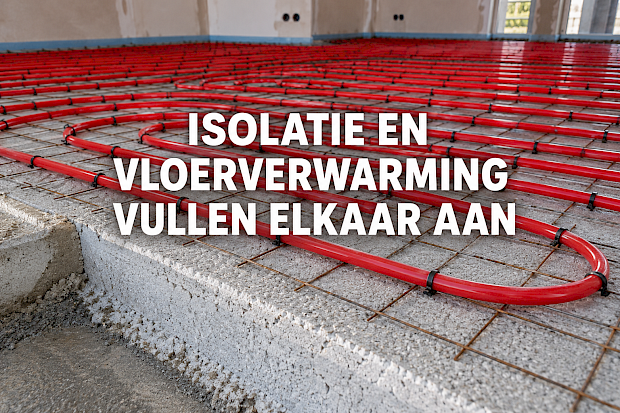 Rode vloerverwarmingsbuizen op een isolerende vloerlaag, met de tekst Isolatie en vloerverwarming vullen elkaar aan.